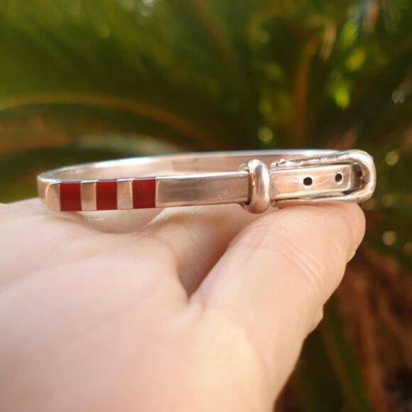 Vintage, Mexican Sterling, Red Enamel Inlay, Buckle Bracelet, Marked Sterling - Picture 3 of 6